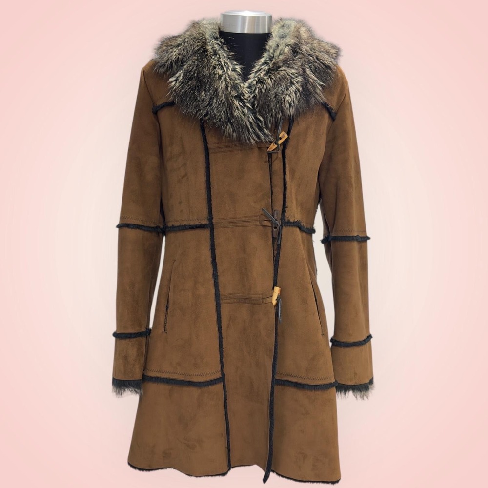 Platinum Utex Brown Faux Suede Fur‎ Trim  parka Coat Jacket Winte Womens Size M